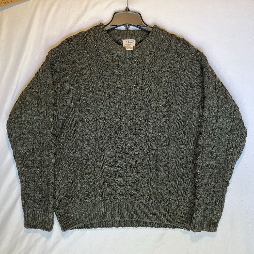 LL Bean Sweater Mens M Med Green Cable Knit Chunky Fisherman Wool Ireland 245061
